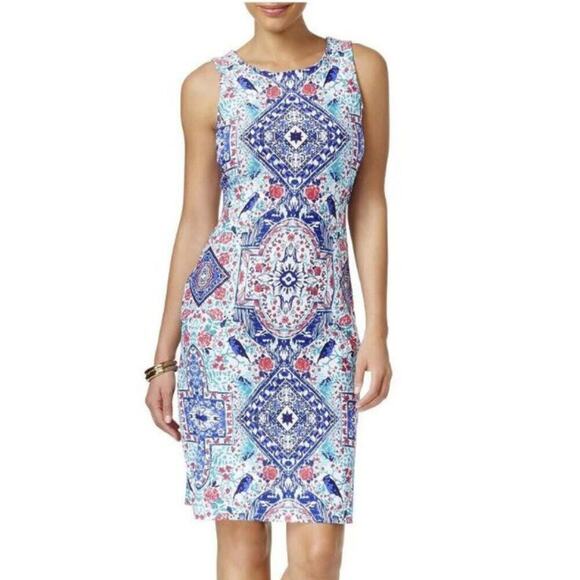 Charter Club Costal Spring Blue Floral Bird Stretchy Sheath Dress - Picture 1 of 6